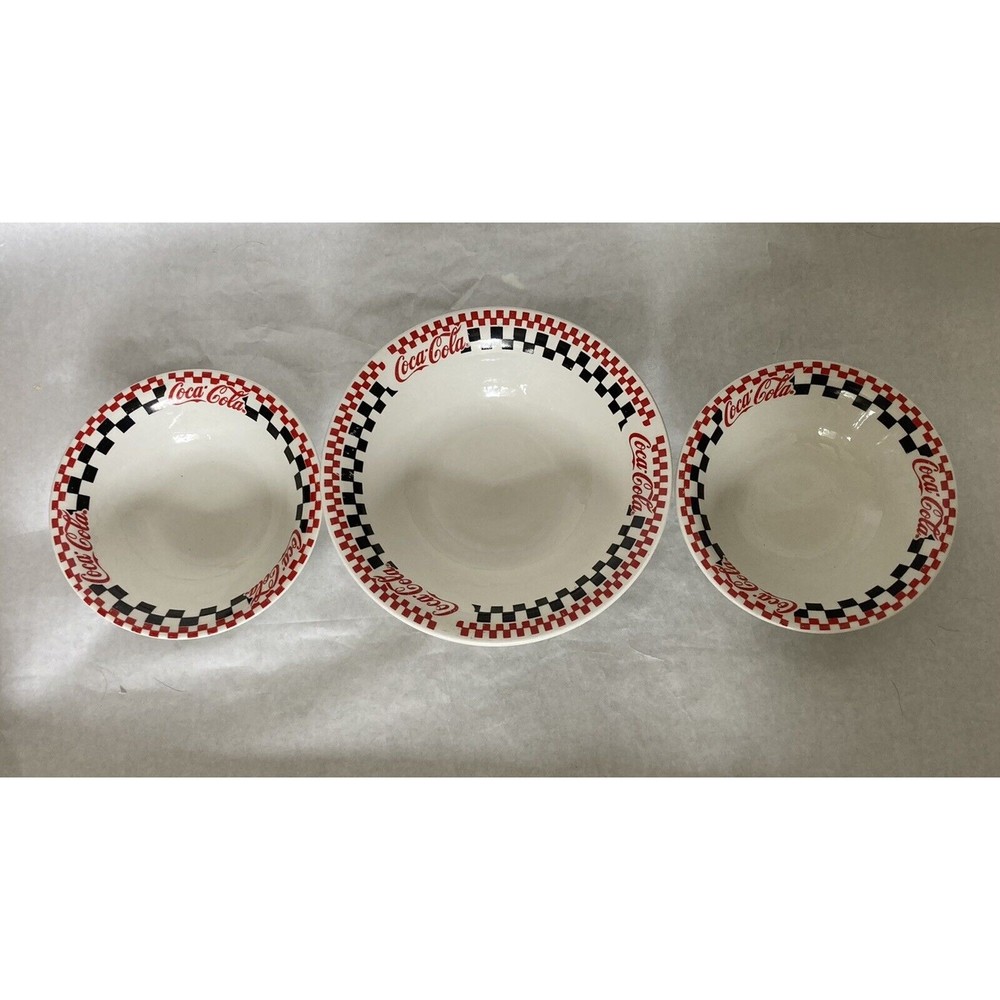 Set of 3 Vintage Gibson COCA-COLA Serving Bowls Red Black White Checkered